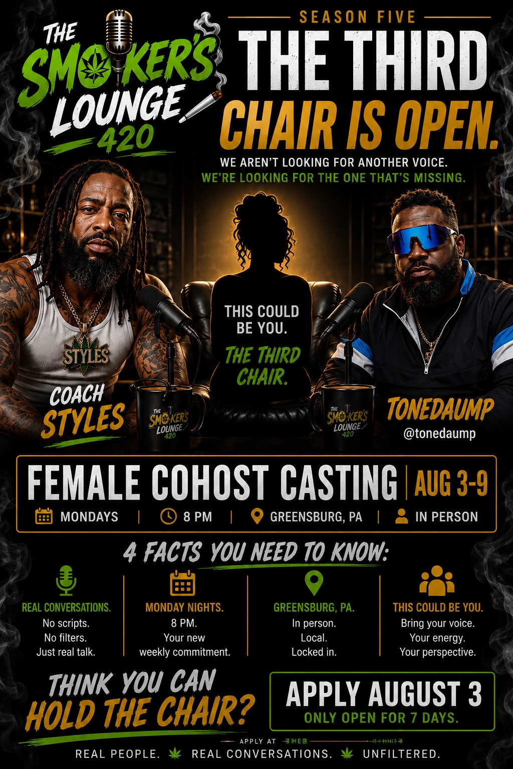 The Smoker's Lounge 420 Season 5 Third Chair female cohost casting flyer